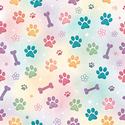 paw prints, dog bones, pastel colors, teal, coral pink, purple, orange, sage green, floral motifs, watercolor style, pet themed, animal pattern, quilting cotton, fabric panel, whimsical design, soft gradient background, scattered pattern, playful mood, craft fabric, sewing material