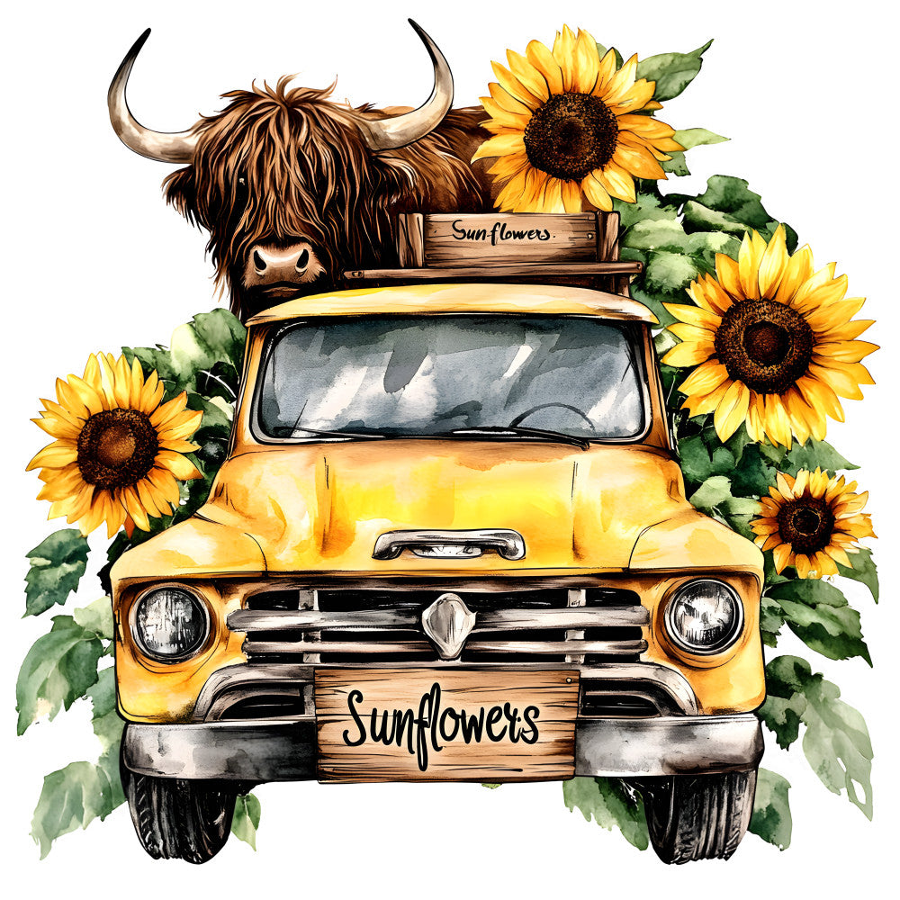 Highland Cows in Vintage Trucks Fabric Panel 7