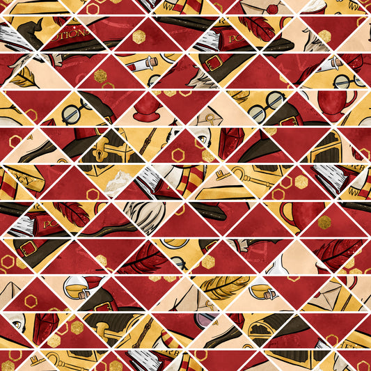 burgundy, gold, cream, geometric diamonds, wizard accessories, magic wands, feathers, glasses, books, potion bottles, mystical objects, quilting cotton, fabric panel, magical theme, school supplies, geometric pattern, warm tones, whimsical illustrations, crafting material, diamond grid