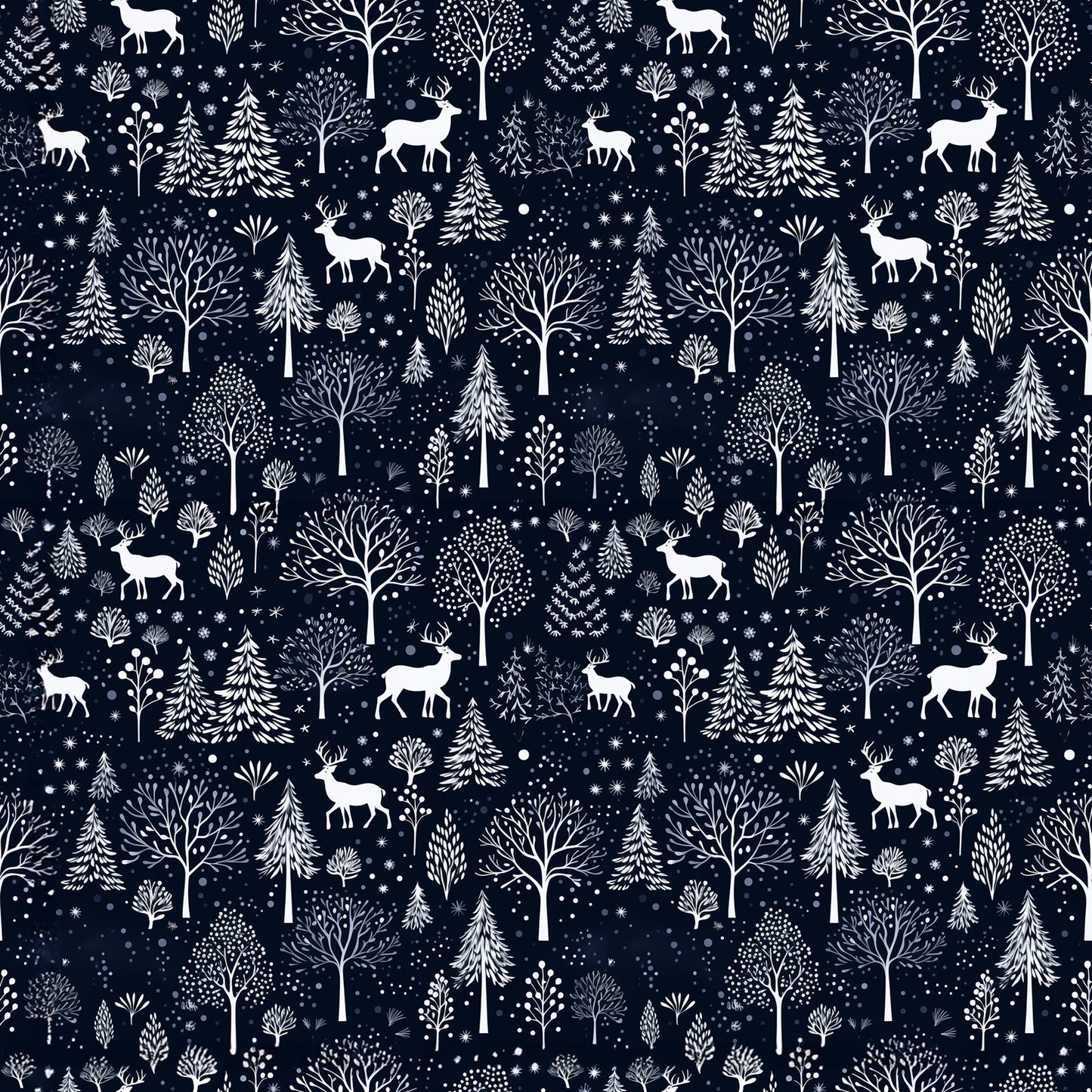 delft blue, navy blue, white, winter pattern, deer silhouettes, bare trees, evergreen trees, snowflakes, forest scene, woodland animals, quilting cotton, fabric panel, winter wonderland, nature motifs, scandinavian style, folk art, repeating pattern, snow covered trees, reindeer, botanical elements