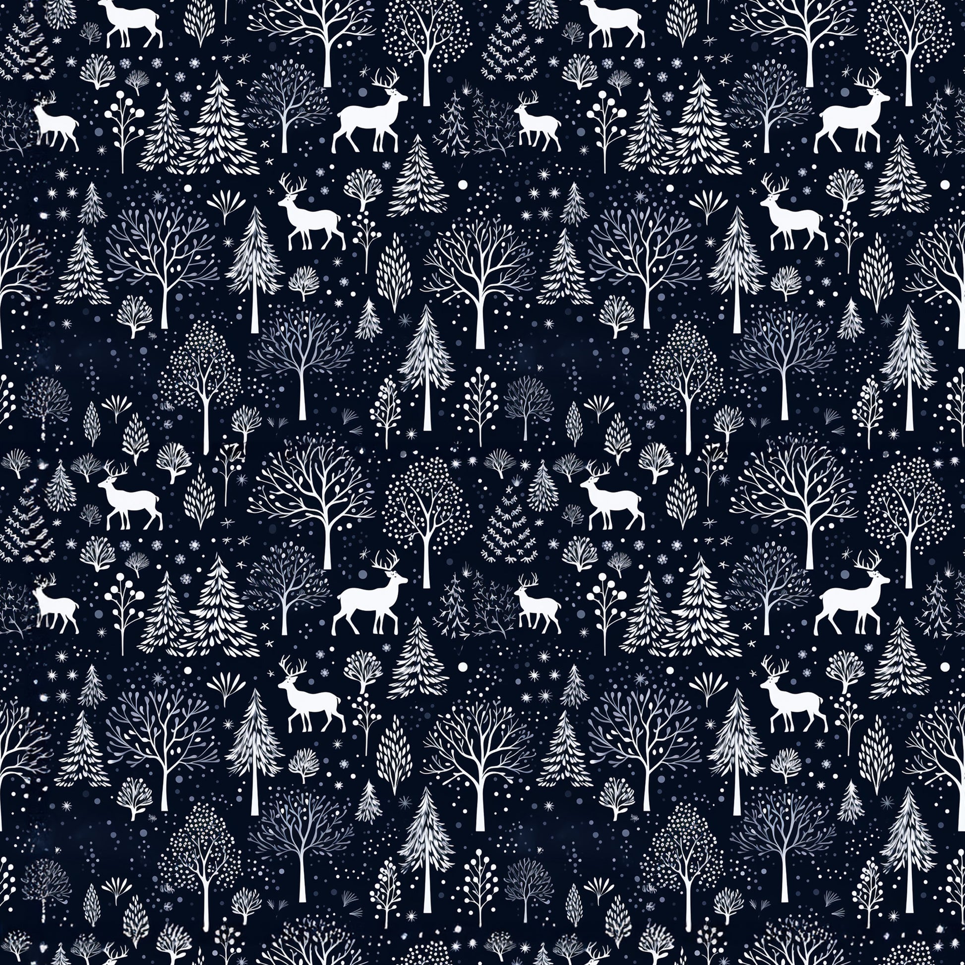 delft blue, navy blue, white, winter pattern, deer silhouettes, bare trees, evergreen trees, snowflakes, forest scene, woodland animals, quilting cotton, fabric panel, winter wonderland, nature motifs, scandinavian style, folk art, repeating pattern, snow covered trees, reindeer, botanical elements