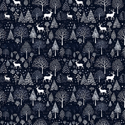 delft blue, navy blue, white, winter pattern, deer silhouettes, bare trees, evergreen trees, snowflakes, forest scene, woodland animals, quilting cotton, fabric panel, winter wonderland, nature motifs, scandinavian style, folk art, repeating pattern, snow covered trees, reindeer, botanical elements