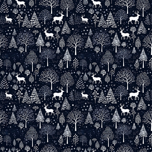 delft blue, navy blue, white, winter pattern, deer silhouettes, bare trees, evergreen trees, snowflakes, forest scene, woodland animals, quilting cotton, fabric panel, winter wonderland, nature motifs, scandinavian style, folk art, repeating pattern, snow covered trees, reindeer, botanical elements