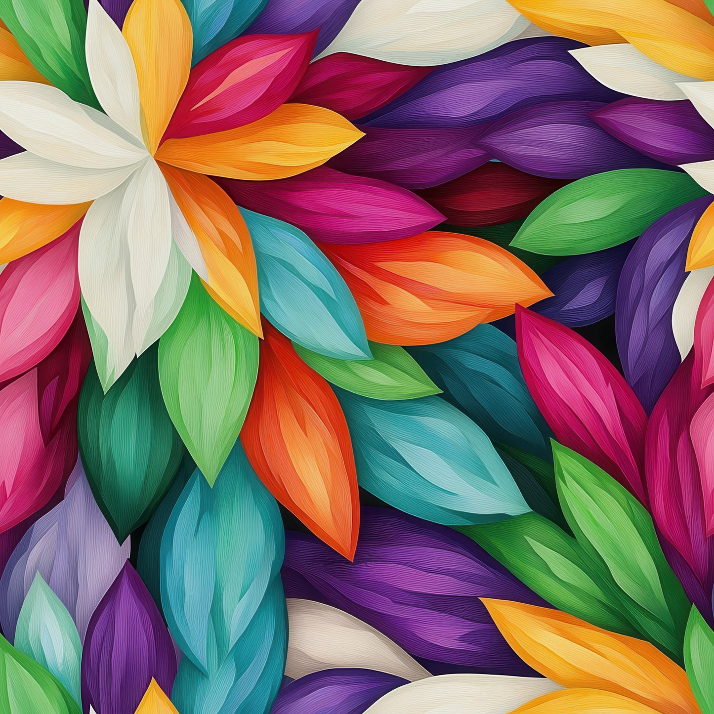 vibrant petals, floral abstract, rainbow colors, teal petals, purple petals, orange petals, pink petals, green petals, white petals, flowing design, overlapping petals, botanical motif, prismatic colors, modern floral, quilting cotton, fabric panel, artistic pattern, layered petals, colorful blooms, contemporary style