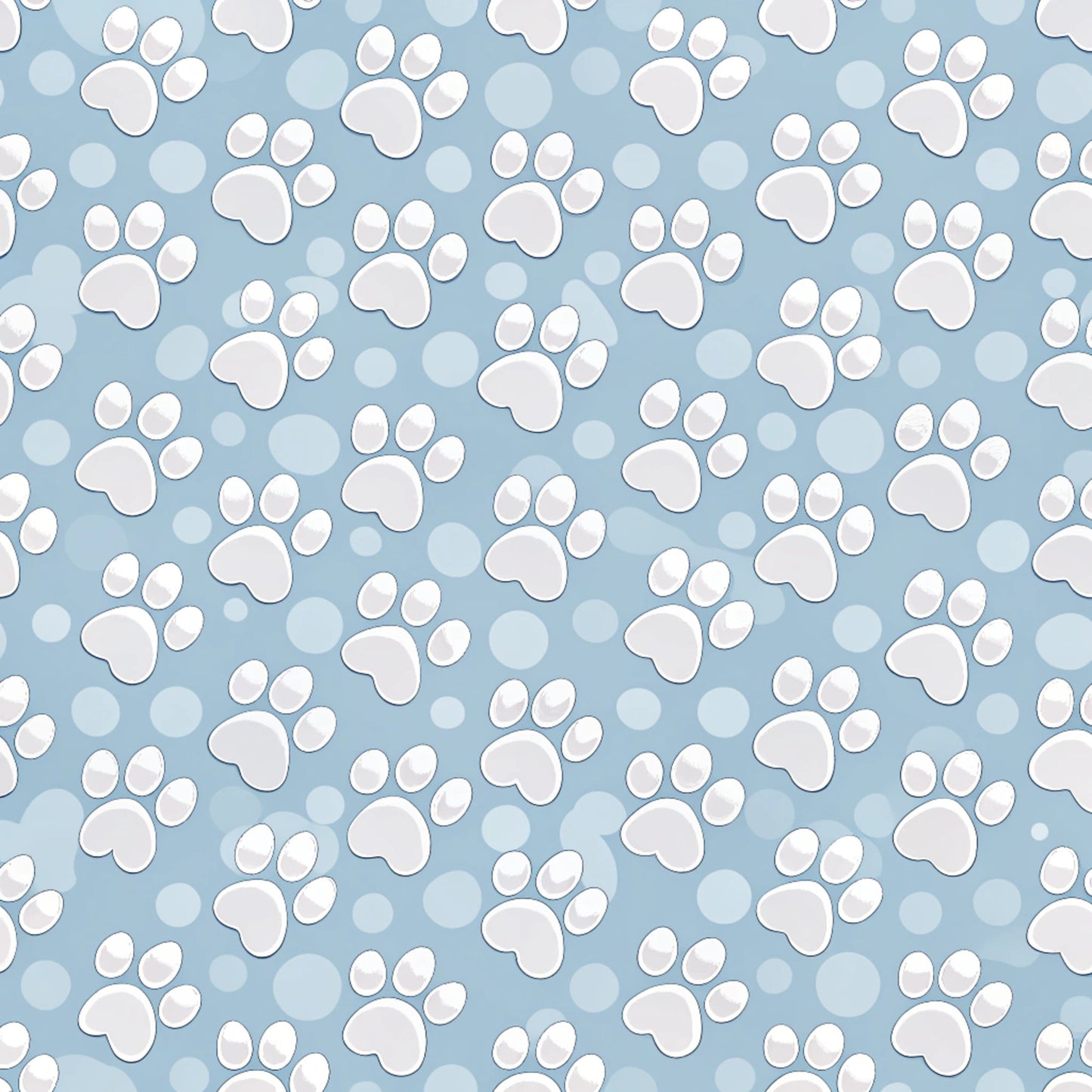 light blue, powder blue, white, paw prints, dog paws, animal tracks, pet theme, scattered pattern, repeating motif, playful design, quilting cotton, fabric panel, cute animals, polka dots, circles, whimsical style, crafting material, sewing fabric, pet lover, canine theme