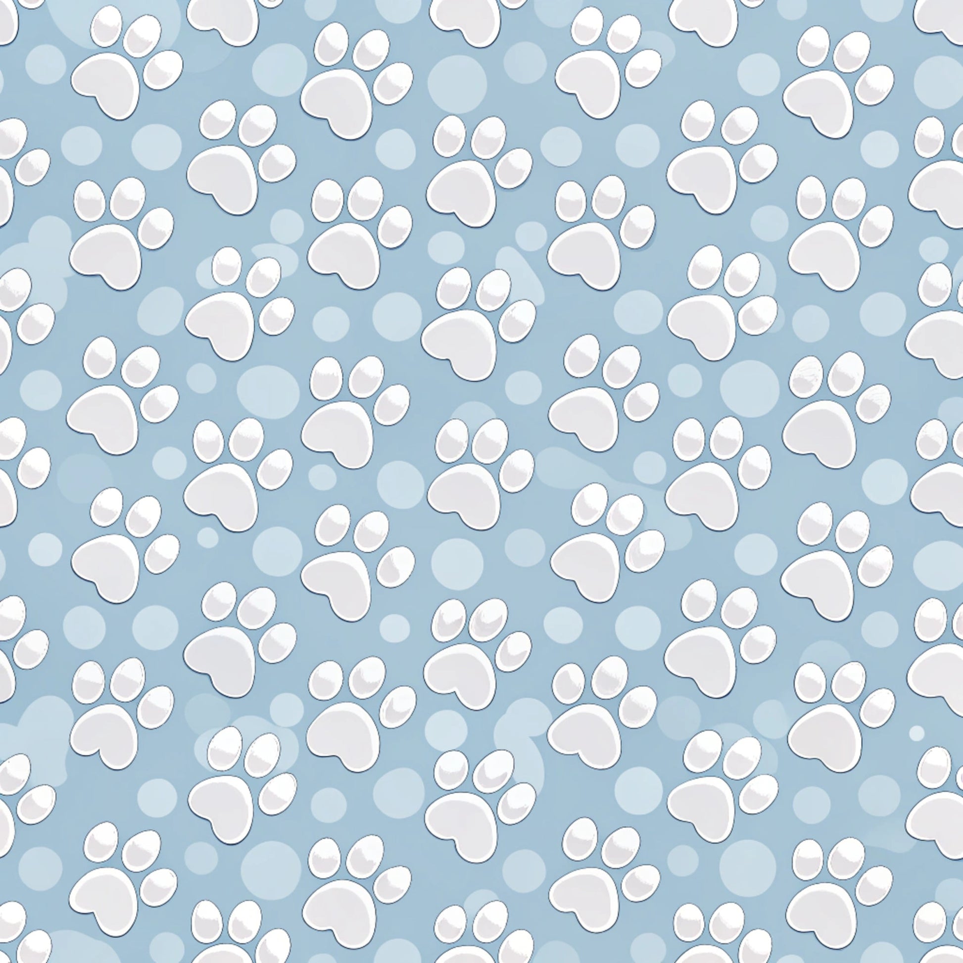 light blue, powder blue, white, paw prints, dog paws, animal tracks, pet theme, scattered pattern, repeating motif, playful design, quilting cotton, fabric panel, cute animals, polka dots, circles, whimsical style, crafting material, sewing fabric, pet lover, canine theme
