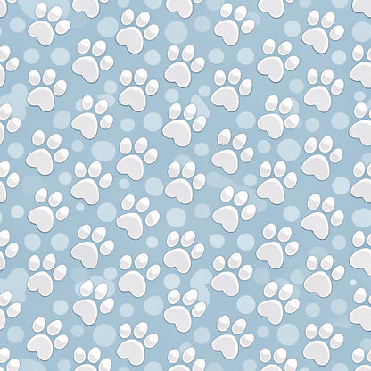 light blue, powder blue, white, paw prints, dog paws, animal tracks, pet theme, scattered pattern, repeating motif, playful design, quilting cotton, fabric panel, cute animals, polka dots, circles, whimsical style, crafting material, sewing fabric, pet lover, canine theme