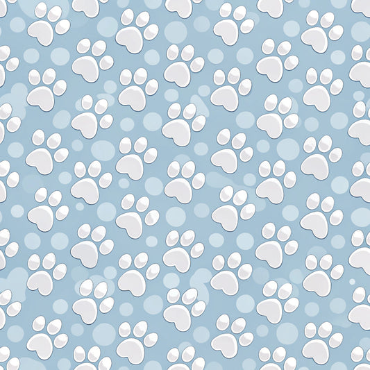 light blue, powder blue, white, paw prints, dog paws, animal tracks, pet theme, scattered pattern, repeating motif, playful design, quilting cotton, fabric panel, cute animals, polka dots, circles, whimsical style, crafting material, sewing fabric, pet lover, canine theme
