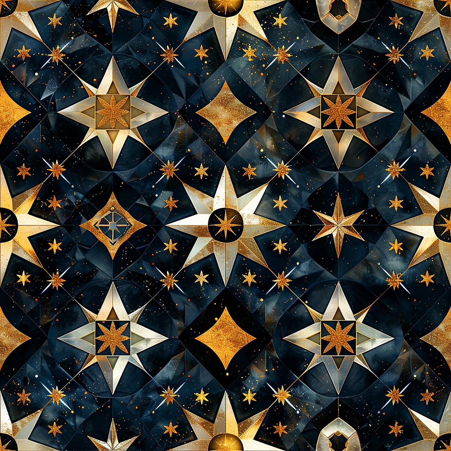 navy blue, golden yellow, celestial stars, compass roses, geometric patterns, baroque style, metallic accents, night sky, ornate design, quilting cotton, fabric panel, starbursts, diamonds, decorative motifs, cosmic theme, luxurious, intricate details, repeating pattern, astronomy inspired