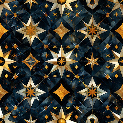 navy blue, golden yellow, celestial stars, compass roses, geometric patterns, baroque style, metallic accents, night sky, ornate design, quilting cotton, fabric panel, starbursts, diamonds, decorative motifs, cosmic theme, luxurious, intricate details, repeating pattern, astronomy inspired