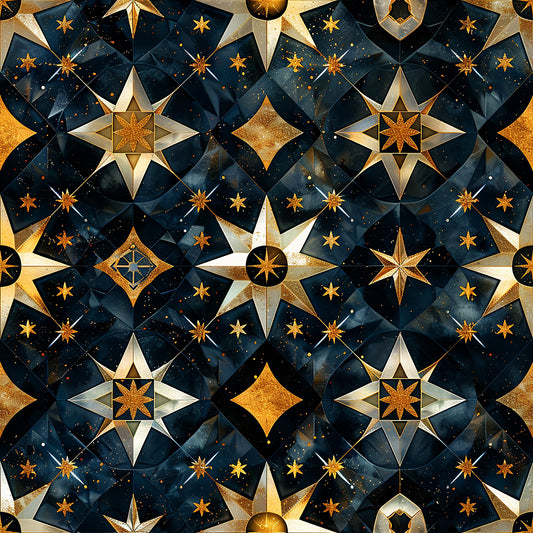 navy blue, golden yellow, celestial stars, compass roses, geometric patterns, baroque style, metallic accents, night sky, ornate design, quilting cotton, fabric panel, starbursts, diamonds, decorative motifs, cosmic theme, luxurious, intricate details, repeating pattern, astronomy inspired