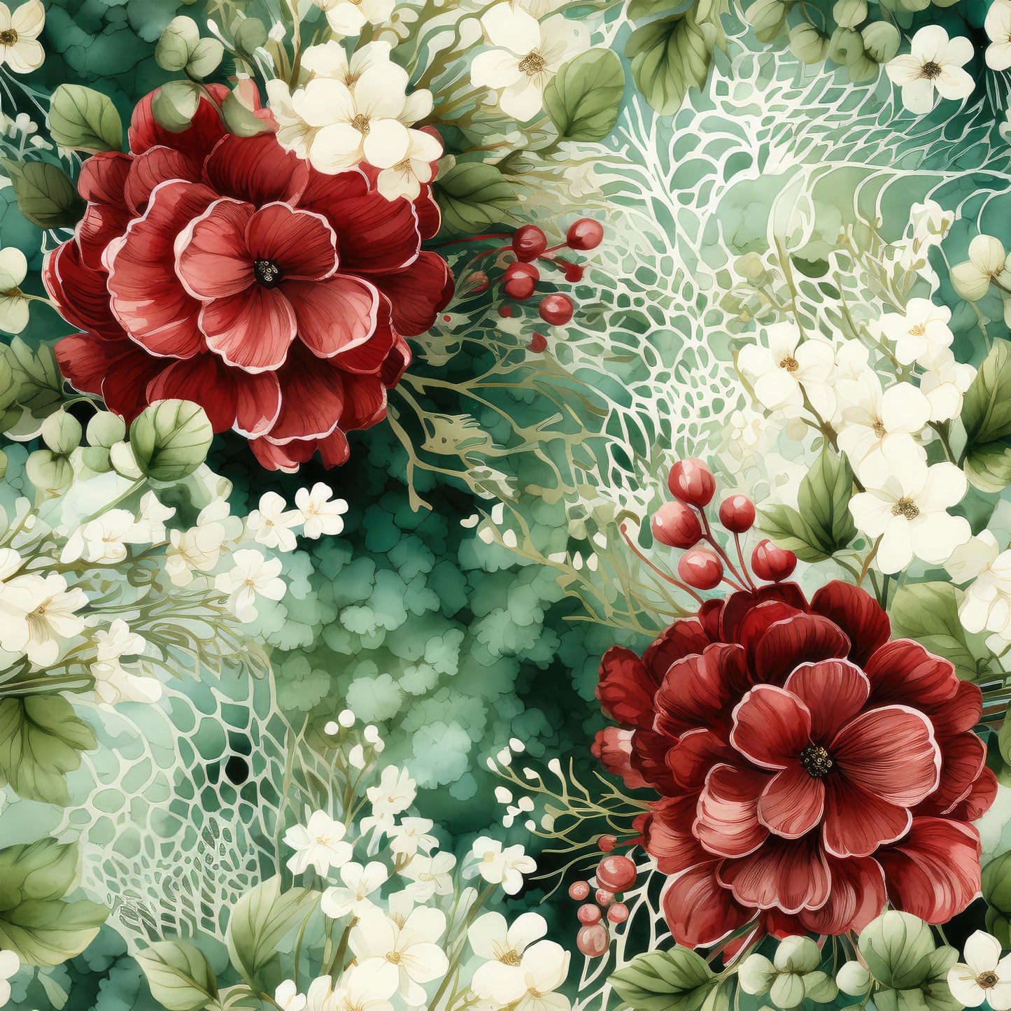 christmas florals, deep red flowers, burgundy blooms, white flowers, cream blossoms, emerald green, forest green, sage green, botanical pattern, floral design, layered petals, red berries, green leaves, foliage, quilting cotton, fabric panel, holiday theme, christmas pattern, winter florals, rich colors, detailed illustration, painterly style, elegant florals, seasonal fabric