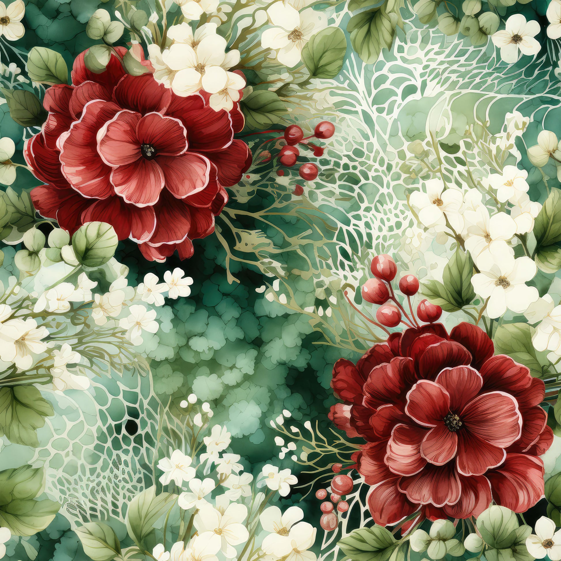 christmas florals, deep red flowers, burgundy blooms, white flowers, cream blossoms, emerald green, forest green, sage green, botanical pattern, floral design, layered petals, red berries, green leaves, foliage, quilting cotton, fabric panel, holiday theme, christmas pattern, winter florals, rich colors, detailed illustration, painterly style, elegant florals, seasonal fabric