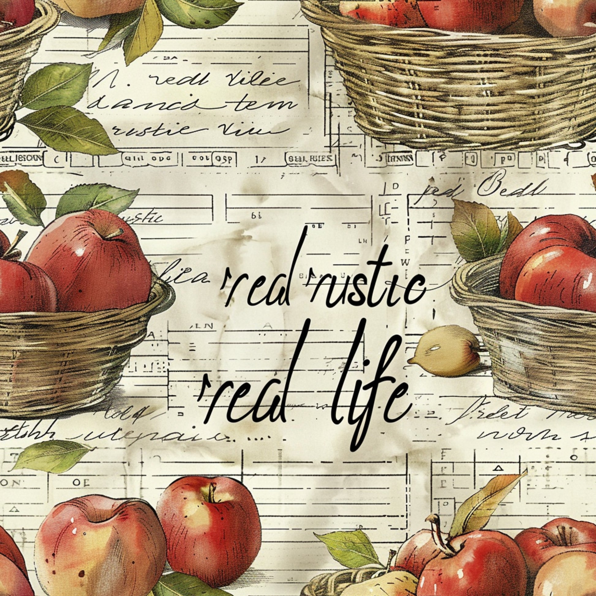 red apples, wicker baskets, vintage postcards, handwritten script, rustic style, farm fresh, harvest theme, botanical leaves, quilting cotton, fabric panel, aged paper, country kitchen, fruit motif, autumn colors, nostalgic artwork, cottage core, farmhouse style, watercolor illustration, natural textures
