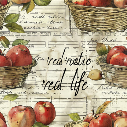 red apples, wicker baskets, vintage postcards, handwritten script, rustic style, farm fresh, harvest theme, botanical leaves, quilting cotton, fabric panel, aged paper, country kitchen, fruit motif, autumn colors, nostalgic artwork, cottage core, farmhouse style, watercolor illustration, natural textures