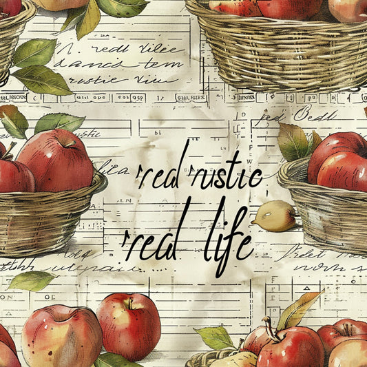 red apples, wicker baskets, vintage postcards, handwritten script, rustic style, farm fresh, harvest theme, botanical leaves, quilting cotton, fabric panel, aged paper, country kitchen, fruit motif, autumn colors, nostalgic artwork, cottage core, farmhouse style, watercolor illustration, natural textures
