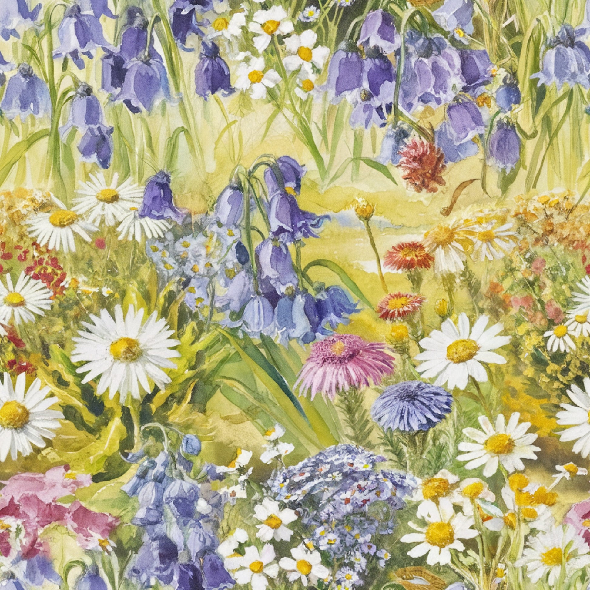 watercolor florals, wildflower meadow, purple bluebells, white daisies, pink asters, yellow centers, botanical illustration, spring blooms, field flowers, soft pastels, nature scene, quilting cotton, fabric panel, delicate petals, garden flowers, artistic rendering, floral fantasy, meadow grass, cottage core, whimsical blooms