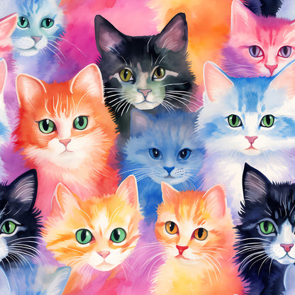 colorful kittens, vibrant cats, pink hues, blue tones, orange shades, purple accents, green eyes, watercolor style, artistic painting, cute animals, feline faces, soft pastels, bright colors, quilting cotton, fabric panel, whimsical art, pet themed, rainbow colors, kitten portraits, playful design