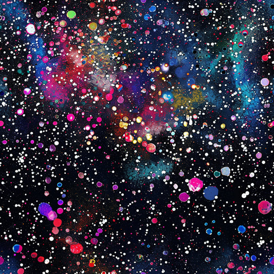 glitter paint splatter, cosmic nebula, galaxy pattern, bright pink, electric blue, magenta, turquoise, white dots, colorful circles, space theme, abstract art, modern design, vibrant colors, scattered droplets, celestial background, quilting cotton, fabric panel, artistic splashes, rainbow hues, contemporary style