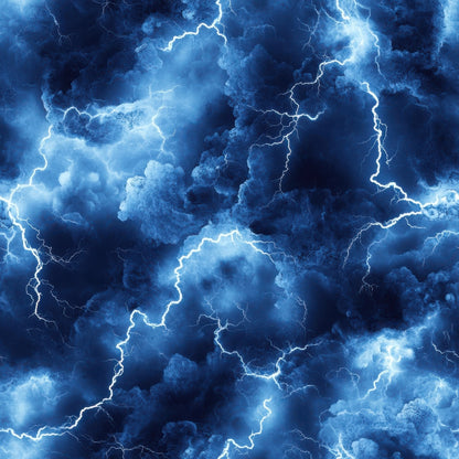 navy blue, electric blue, white, lightning bolts, thunderstorm, storm clouds, dramatic sky, weather pattern, quilting cotton, fabric panel, stormy atmosphere, electric energy, jagged lightning, cloudy texture, meteorological, nature elements, tempest design, atmospheric, electrical discharge