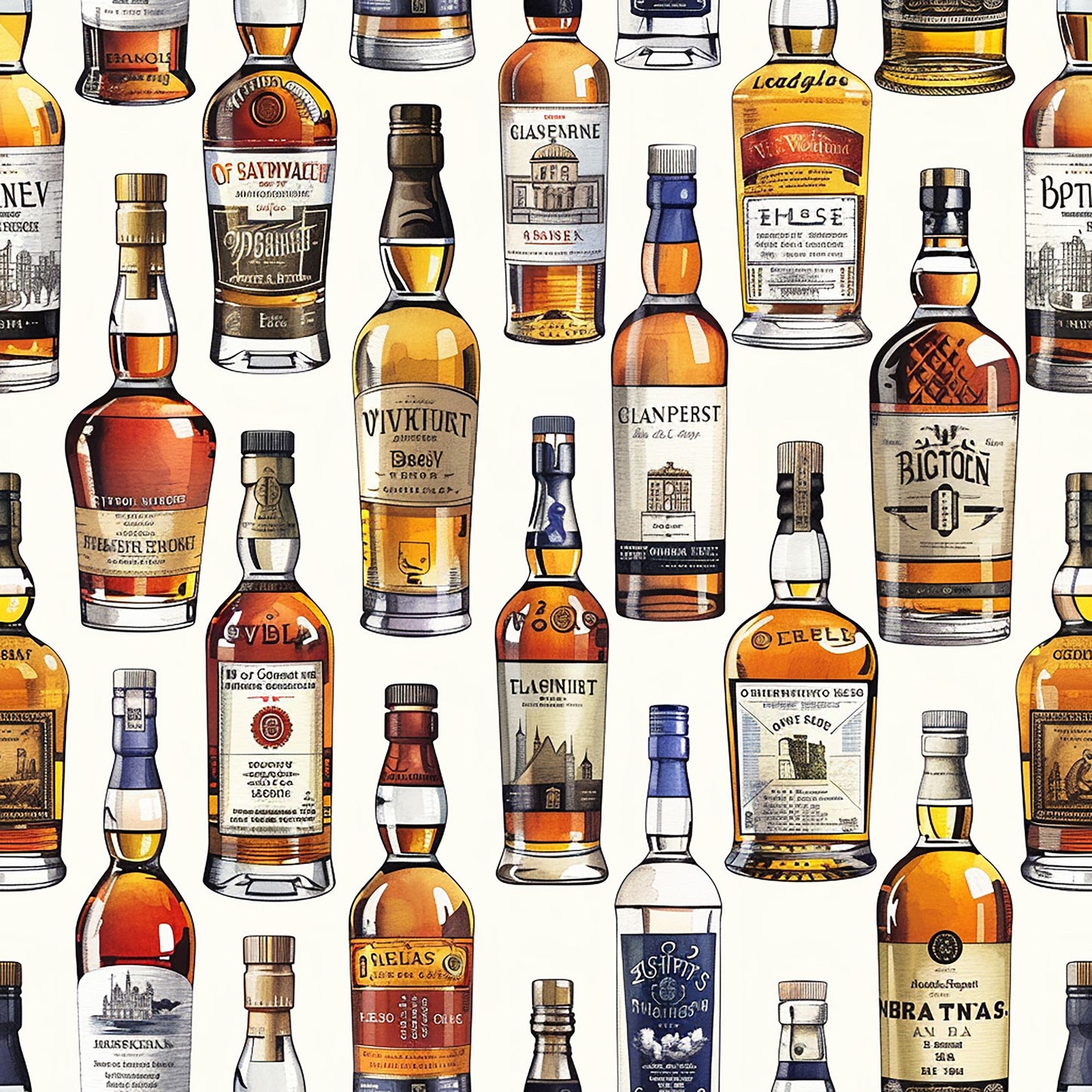 amber, golden yellow, brown, cream, beige, whiskey bottles, scottish whisky, alcohol bottles, vintage labels, glass bottles, repeating pattern, illustration style, quilting cotton, fabric panel, beverage theme, distillery motif, bottle collection, warm tones, realistic artwork, premium spirits