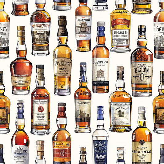 amber, golden yellow, brown, cream, beige, whiskey bottles, scottish whisky, alcohol bottles, vintage labels, glass bottles, repeating pattern, illustration style, quilting cotton, fabric panel, beverage theme, distillery motif, bottle collection, warm tones, realistic artwork, premium spirits