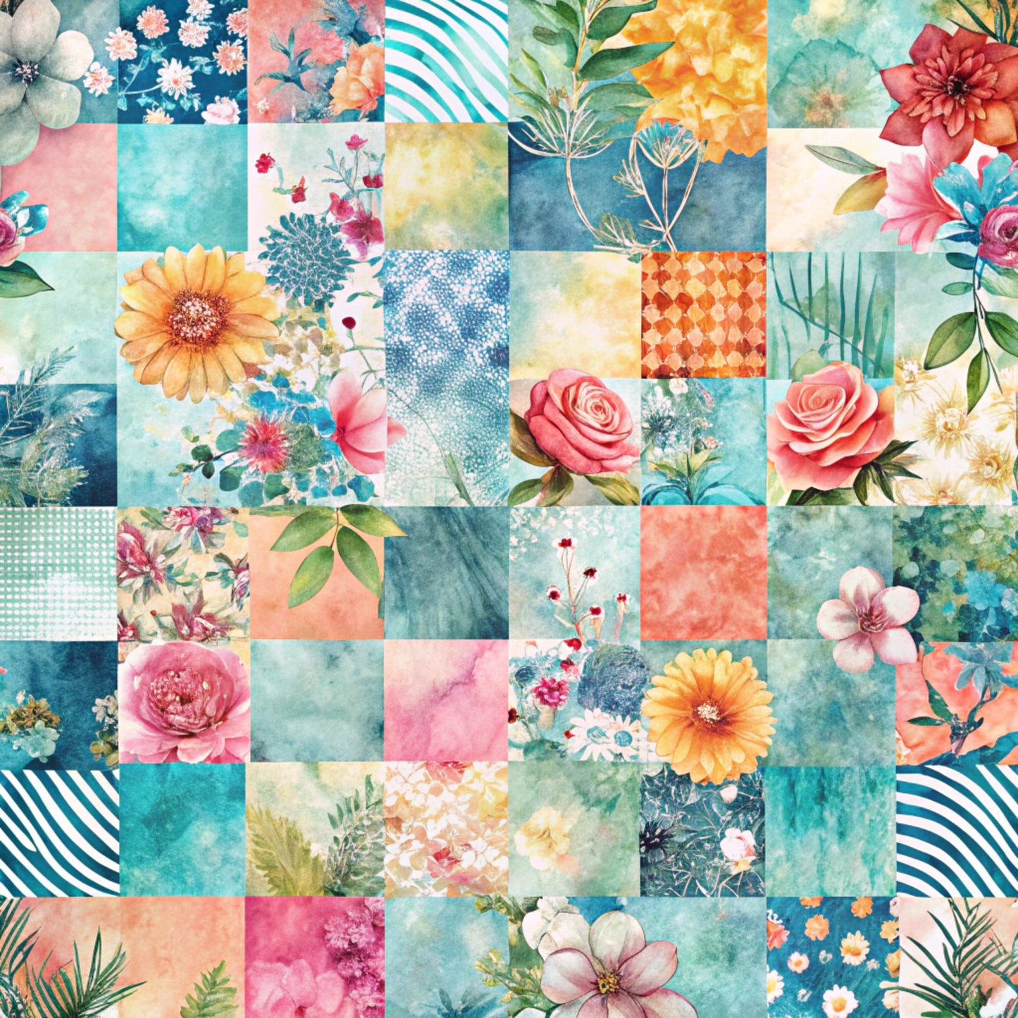 spring flowers, patchwork squares, quilting cotton, fabric panel, watercolor style, floral motifs, coral pink, turquoise blue, sage green, peach orange, roses, daisies, sunflowers, botanical elements, geometric patterns, striped accents, dotted textures, soft pastels, mixed media design, nature inspired