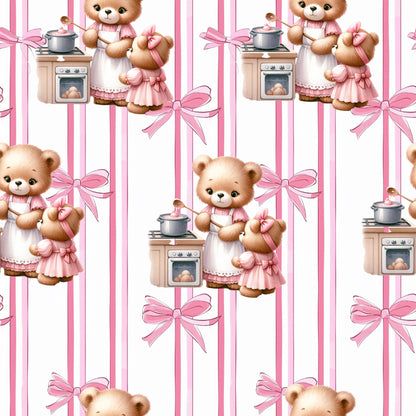 pink, baby teddy bears, striped background, cooking theme, kitchen stove, aprons, bows, ribbons, quilting cotton, fabric panel, cute characters, pastel colors, white stripes, kawaii style, nursery theme, soft colors, repeating pattern, whimsical design, childlike illustration