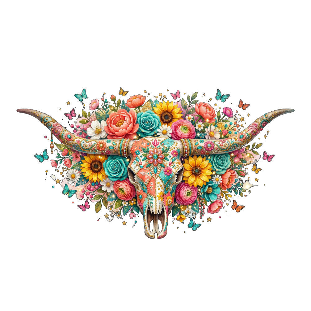 Beautiful Western Floral Steer Skull Fabric Panel 1