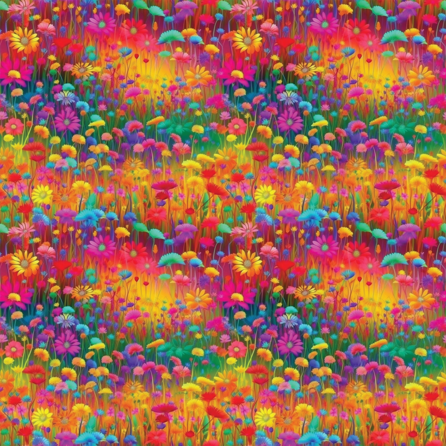 vibrant flowers, wildflower meadow, rainbow colors, pink blooms, yellow daisies, purple flowers, orange petals, red blossoms, blue flowers, green stems, floral field, botanical pattern, bright saturated colors, psychedelic style, repeating pattern, quilting cotton, fabric panel, spring garden, cheerful mood, densely packed florals