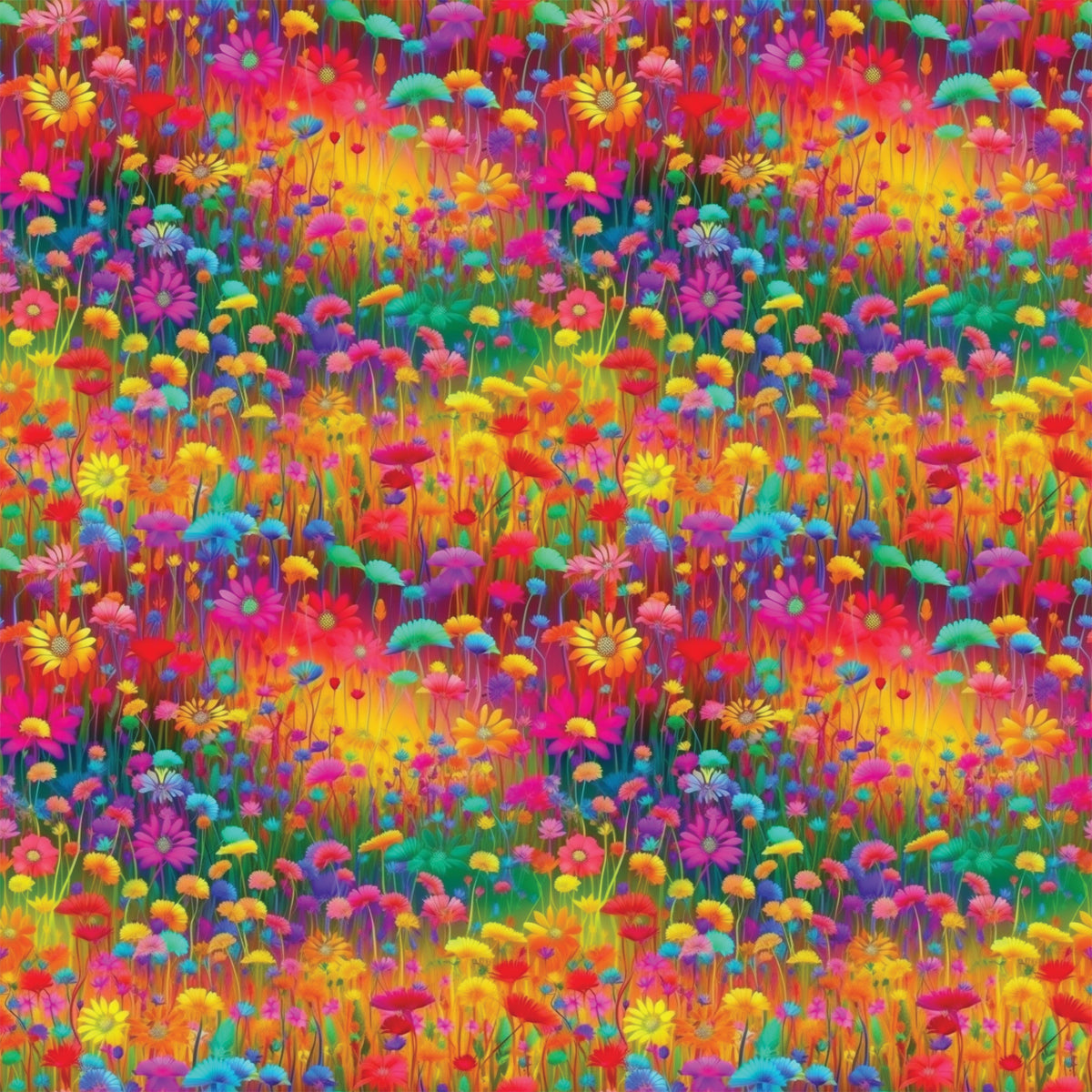 vibrant flowers, wildflower meadow, rainbow colors, pink blooms, yellow daisies, purple flowers, orange petals, red blossoms, blue flowers, green stems, floral field, botanical pattern, bright saturated colors, psychedelic style, repeating pattern, quilting cotton, fabric panel, spring garden, cheerful mood, densely packed florals