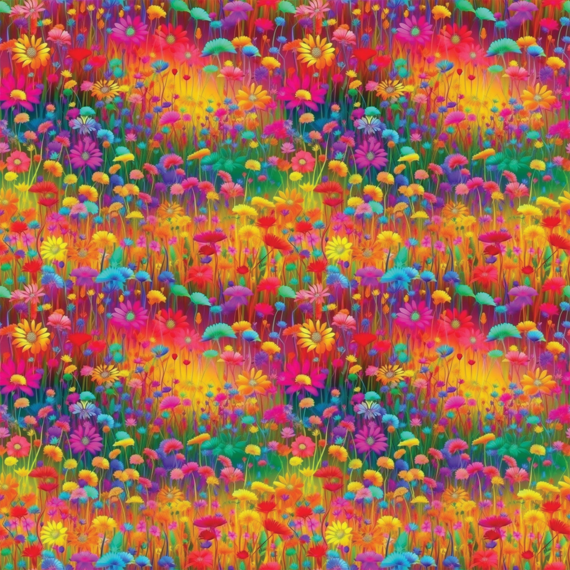 vibrant flowers, wildflower meadow, rainbow colors, pink blooms, yellow daisies, purple flowers, orange petals, red blossoms, blue flowers, green stems, floral field, botanical pattern, bright saturated colors, psychedelic style, repeating pattern, quilting cotton, fabric panel, spring garden, cheerful mood, densely packed florals