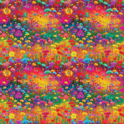 vibrant flowers, wildflower meadow, rainbow colors, pink blooms, yellow daisies, purple flowers, orange petals, red blossoms, blue flowers, green stems, floral field, botanical pattern, bright saturated colors, psychedelic style, repeating pattern, quilting cotton, fabric panel, spring garden, cheerful mood, densely packed florals