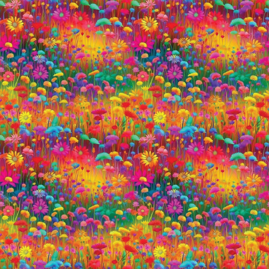 vibrant flowers, wildflower meadow, rainbow colors, pink blooms, yellow daisies, purple flowers, orange petals, red blossoms, blue flowers, green stems, floral field, botanical pattern, bright saturated colors, psychedelic style, repeating pattern, quilting cotton, fabric panel, spring garden, cheerful mood, densely packed florals