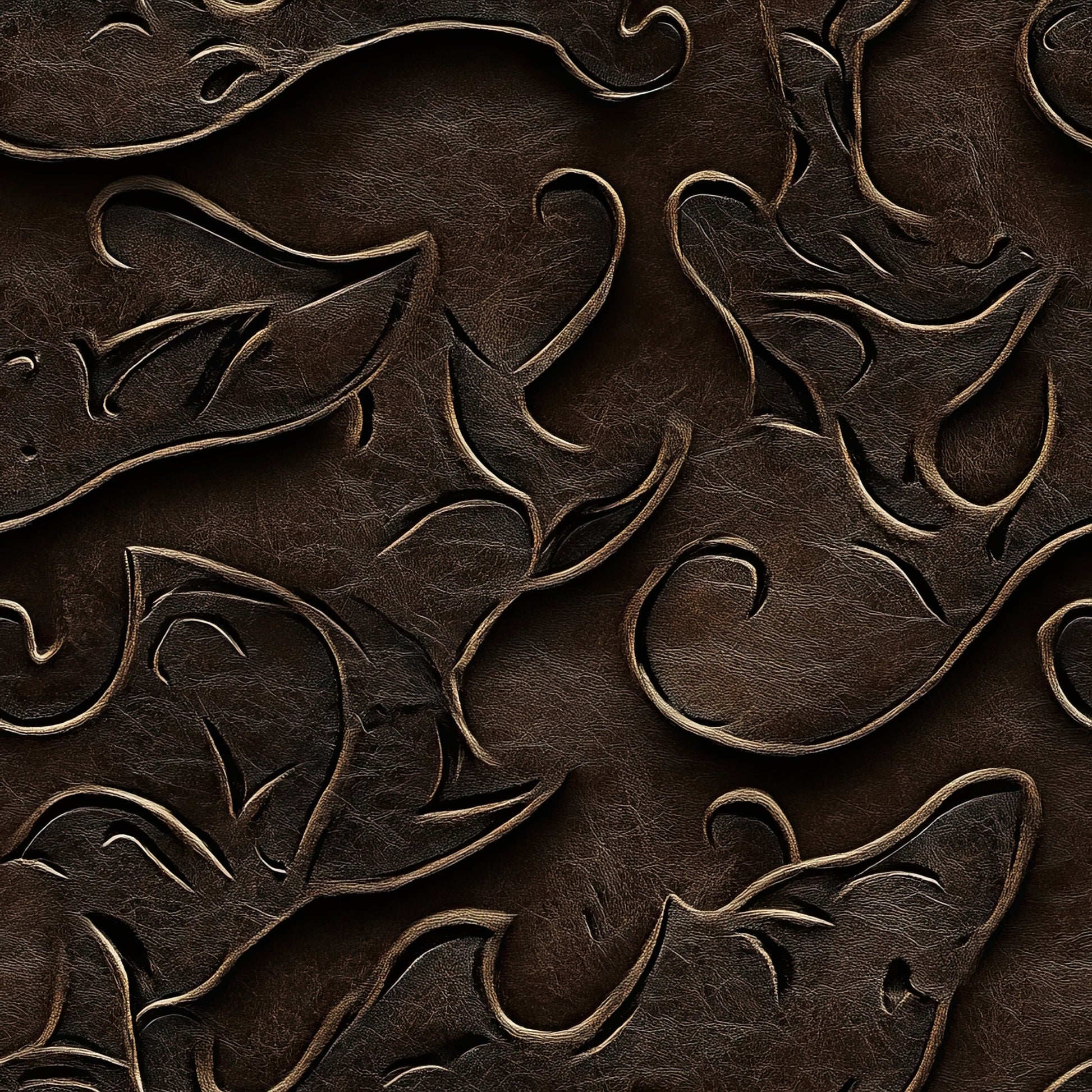dark brown, chocolate brown, leather texture, embossed pattern, floral scrollwork, ornate swirls, western motifs, quilting cotton, fabric panel, raised relief, tooled leather look, decorative flourishes, vintage style, rustic design, dimensional texture, cowboy theme, saddle leather, carved appearance, western decor