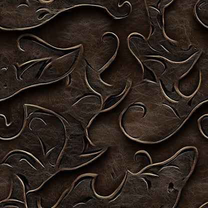 dark brown, chocolate brown, leather texture, embossed pattern, floral scrollwork, ornate swirls, western motifs, quilting cotton, fabric panel, raised relief, tooled leather look, decorative flourishes, vintage style, rustic design, dimensional texture, cowboy theme, saddle leather, carved appearance, western decor