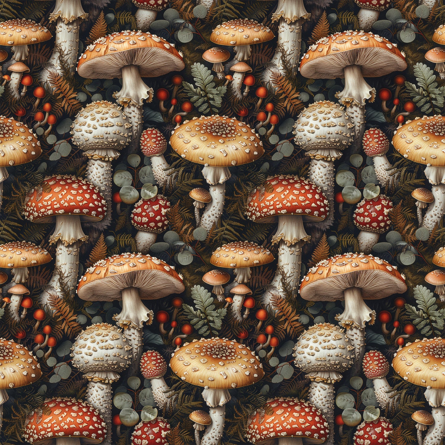 retro mushrooms, botanical pattern, quilting cotton, fabric panel, red toadstools, orange mushrooms, white spotted caps, forest floor, ferns, berries, eucalyptus leaves, vintage illustration, earthy tones, woodland theme, repeating pattern, autumn colors, nature motifs, whimsical design, dark background, detailed artwork