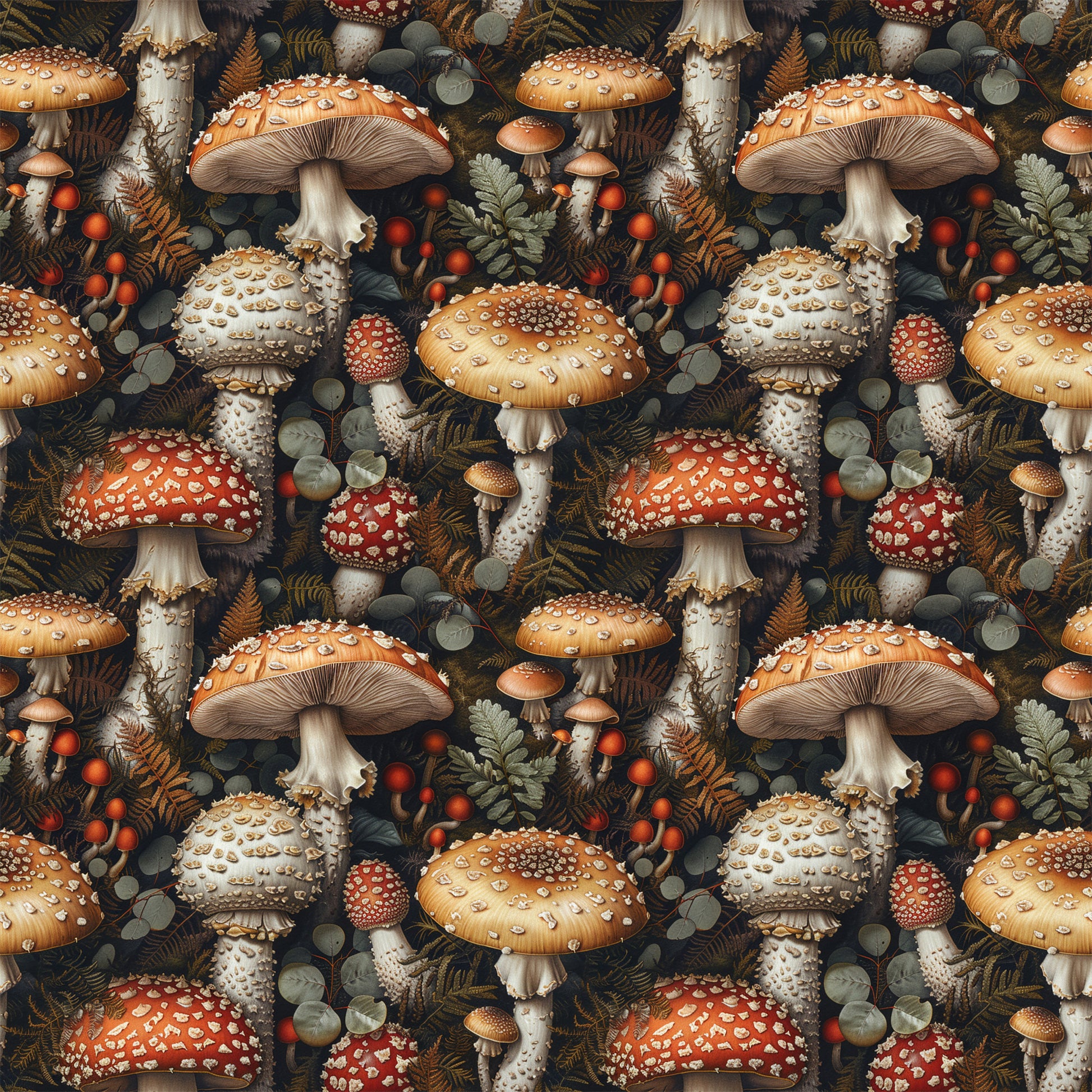 retro mushrooms, botanical pattern, quilting cotton, fabric panel, red toadstools, orange mushrooms, white spotted caps, forest floor, ferns, berries, eucalyptus leaves, vintage illustration, earthy tones, woodland theme, repeating pattern, autumn colors, nature motifs, whimsical design, dark background, detailed artwork