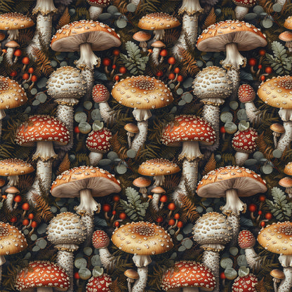retro mushrooms, botanical pattern, quilting cotton, fabric panel, red toadstools, orange mushrooms, white spotted caps, forest floor, ferns, berries, eucalyptus leaves, vintage illustration, earthy tones, woodland theme, repeating pattern, autumn colors, nature motifs, whimsical design, dark background, detailed artwork