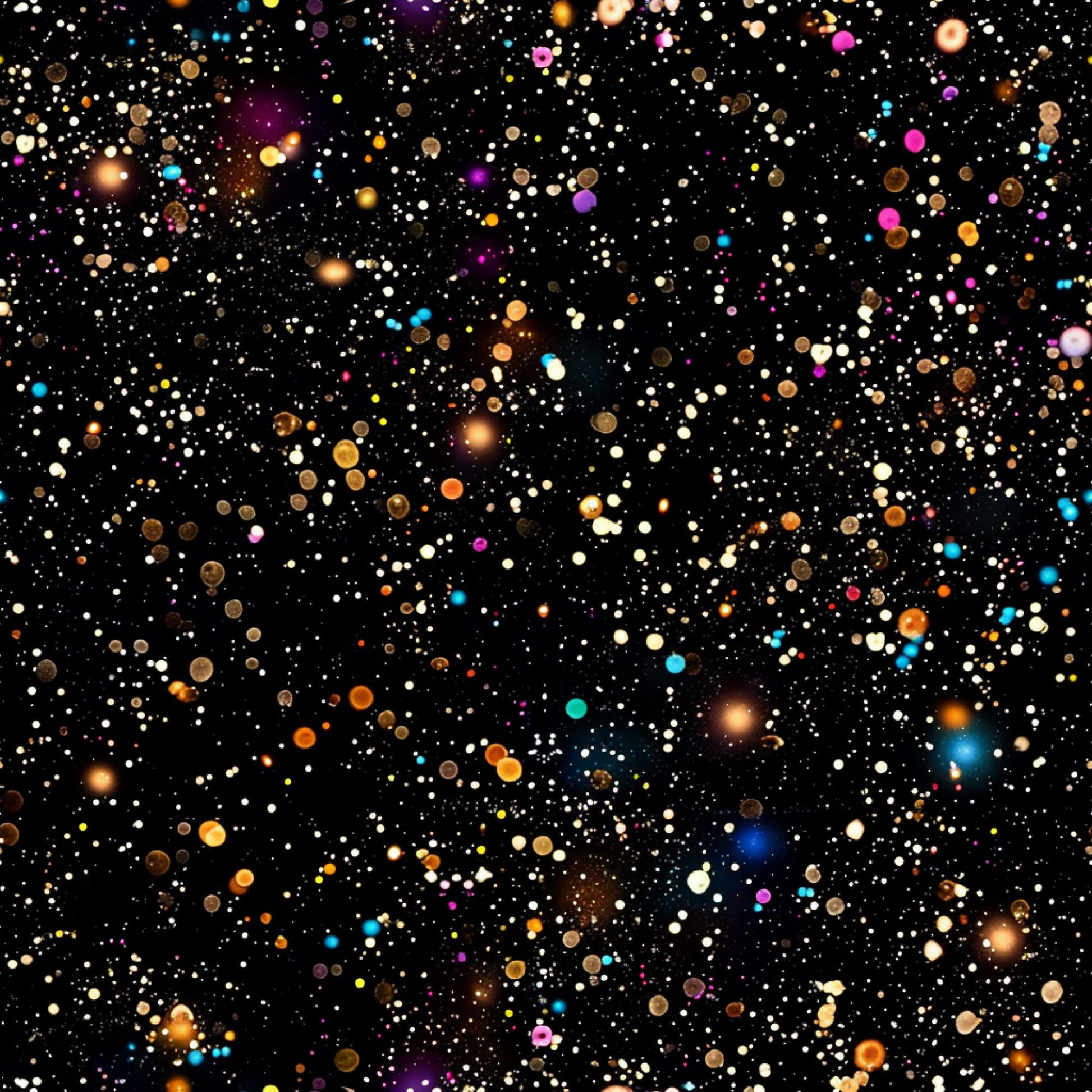 glitter, paint splatter, multicolored dots, black background, cosmic pattern, starfield design, colorful circles, abstract dots, space theme, celestial pattern, quilting cotton, fabric panel, scattered orbs, rainbow colors, gold accents, purple highlights, blue sparkles, orange glows, white stars, contemporary design