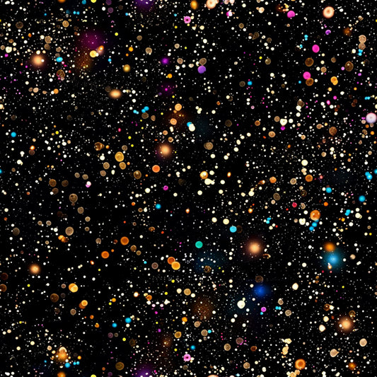 glitter, paint splatter, multicolored dots, black background, cosmic pattern, starfield design, colorful circles, abstract dots, space theme, celestial pattern, quilting cotton, fabric panel, scattered orbs, rainbow colors, gold accents, purple highlights, blue sparkles, orange glows, white stars, contemporary design