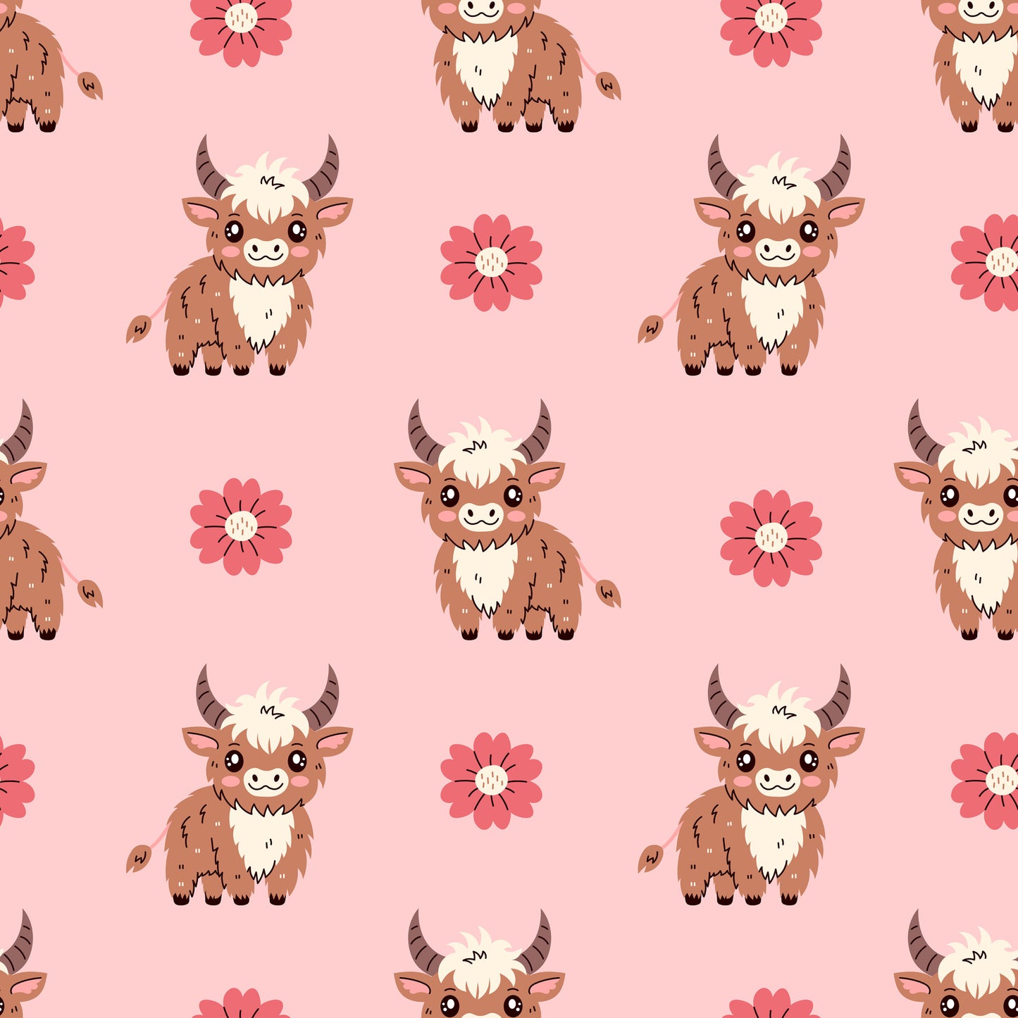 cute baby highland cows, pink background, coral flowers, brown furry cattle, horned animals, kawaii style, repeating pattern, quilting cotton, fabric panel, adorable characters, soft pink, warm brown, cream accents, cheerful mood, nursery theme, farm animals, whimsical design, children's fabric, craft material