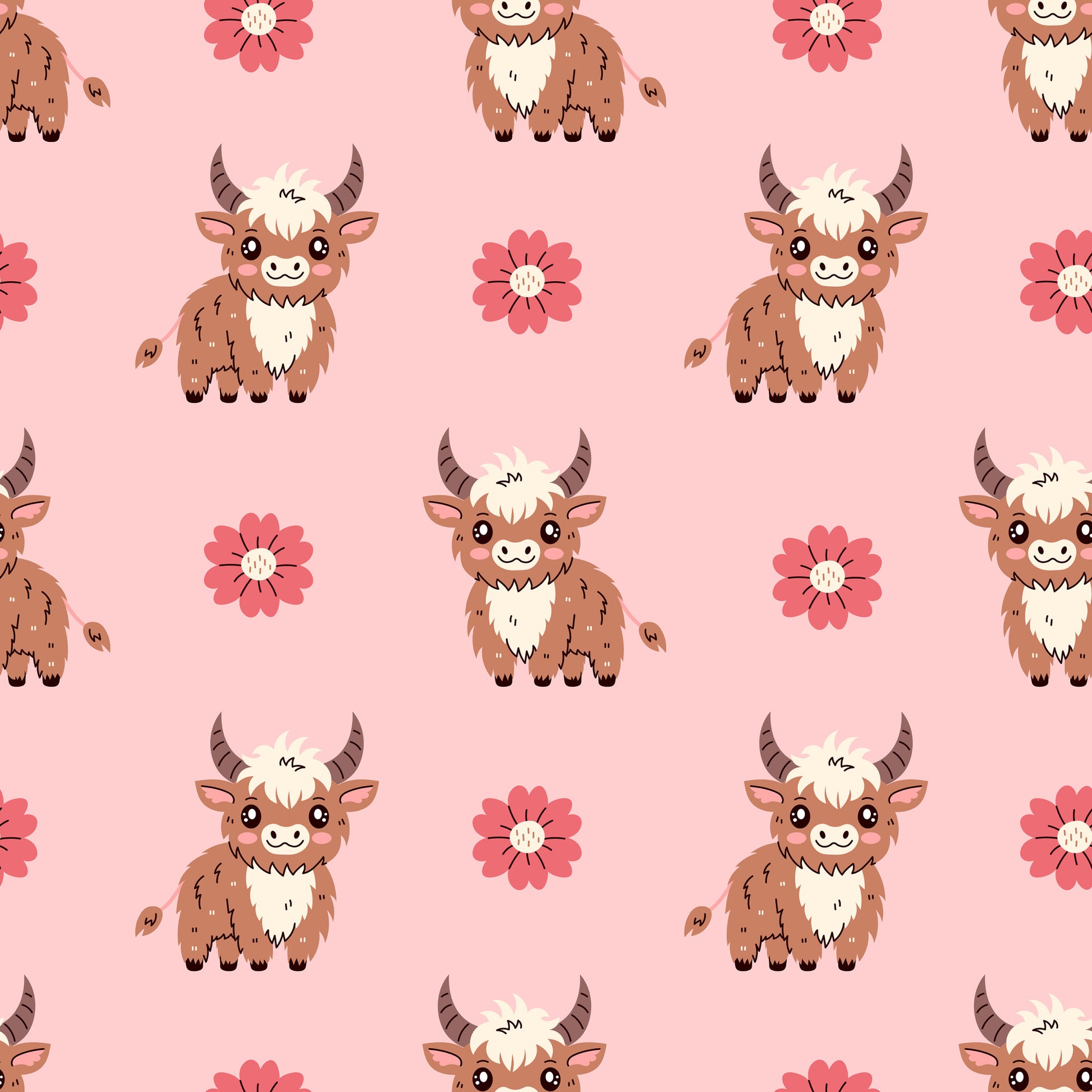 cute baby highland cows, pink background, coral flowers, brown furry cattle, horned animals, kawaii style, repeating pattern, quilting cotton, fabric panel, adorable characters, soft pink, warm brown, cream accents, cheerful mood, nursery theme, farm animals, whimsical design, children's fabric, craft material