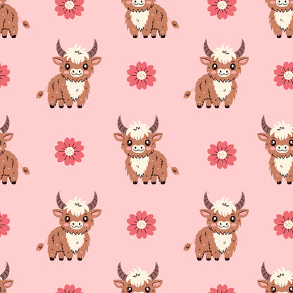 cute baby highland cows, pink background, coral flowers, brown furry cattle, horned animals, kawaii style, repeating pattern, quilting cotton, fabric panel, adorable characters, soft pink, warm brown, cream accents, cheerful mood, nursery theme, farm animals, whimsical design, children's fabric, craft material