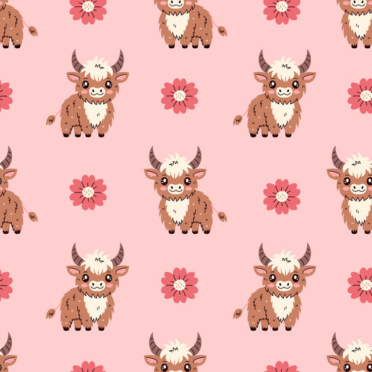 Cute Baby Highland Cows Pattern 5 Quilting Cotton Fabric