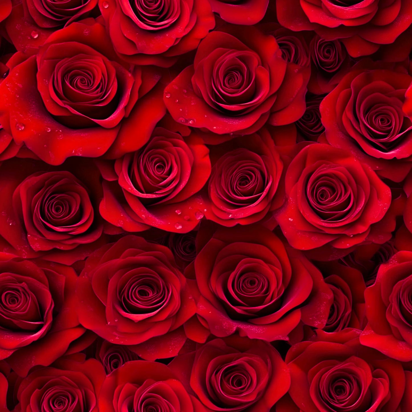 deep red, crimson, burgundy, realistic roses, floral pattern, rose blooms, layered petals, water droplets, romantic flowers, dense arrangement, botanical design, quilting cotton, fabric panel, valentine theme, love motif, rich textures, photorealistic style, seamless pattern, romantic mood, flower photography