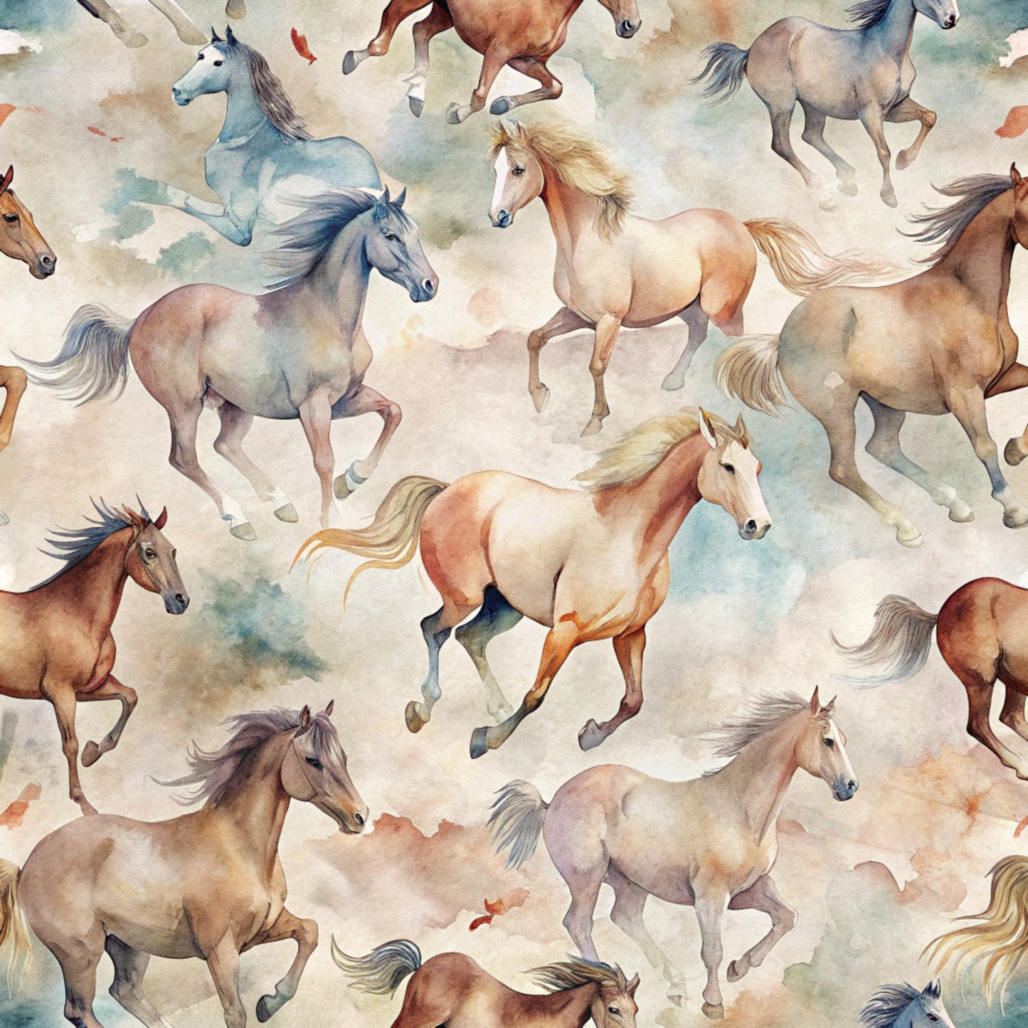 wild horses, galloping horses, watercolor style, brown horses, chestnut horses, gray horses, blonde manes, flowing manes, equestrian theme, horse pattern, quilting cotton, fabric panel, soft pastels, earth tones, beige background, cream tones, rustic colors, western theme, animal print, seamless pattern