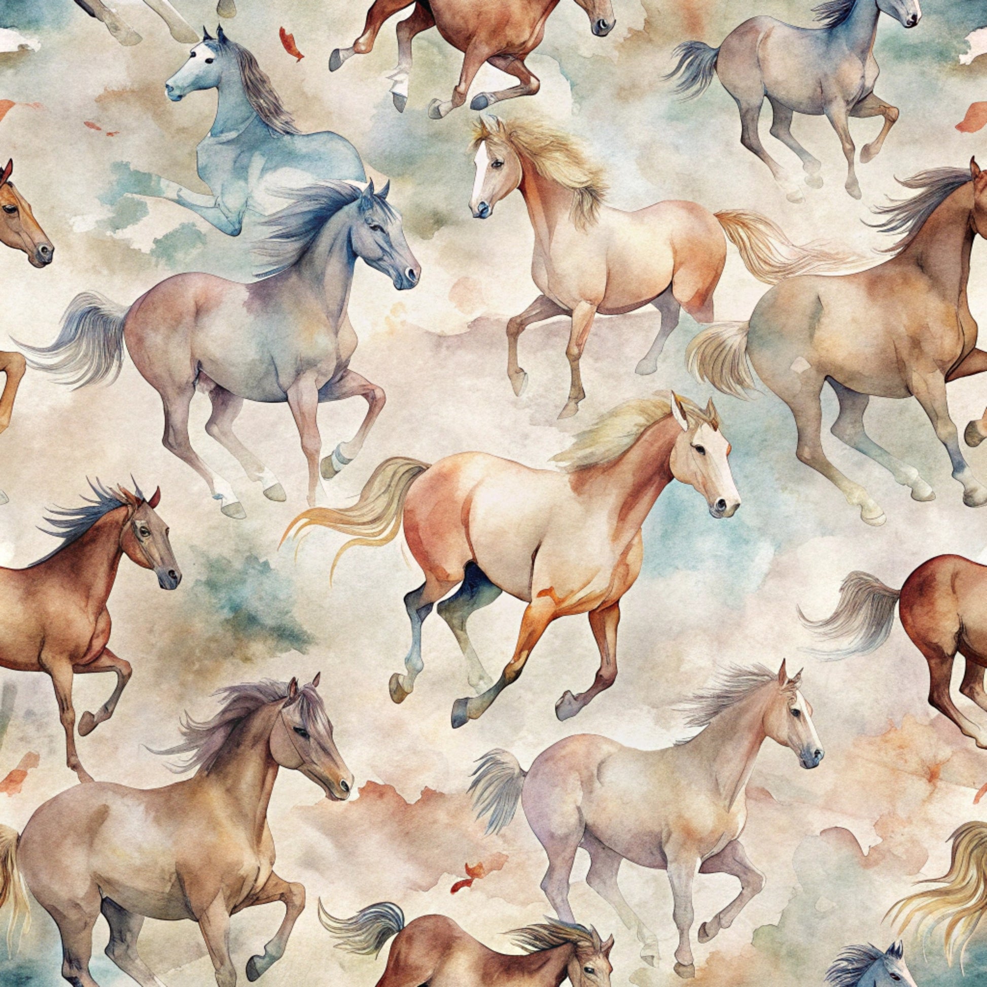 wild horses, galloping horses, watercolor style, brown horses, chestnut horses, gray horses, blonde manes, flowing manes, equestrian theme, horse pattern, quilting cotton, fabric panel, soft pastels, earth tones, beige background, cream tones, rustic colors, western theme, animal print, seamless pattern