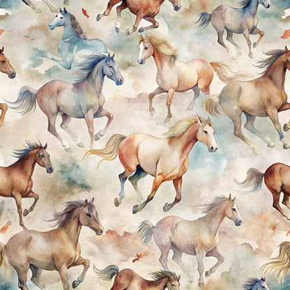 wild horses, galloping horses, watercolor style, brown horses, chestnut horses, gray horses, blonde manes, flowing manes, equestrian theme, horse pattern, quilting cotton, fabric panel, soft pastels, earth tones, beige background, cream tones, rustic colors, western theme, animal print, seamless pattern