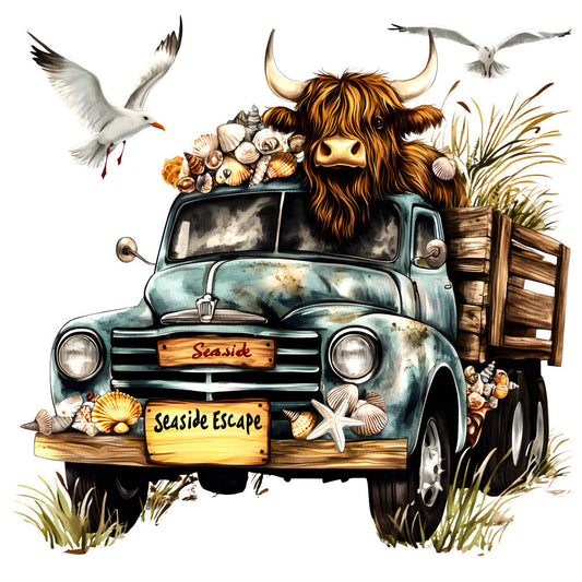 Highland Cows in Vintage Trucks Fabric Panel 10